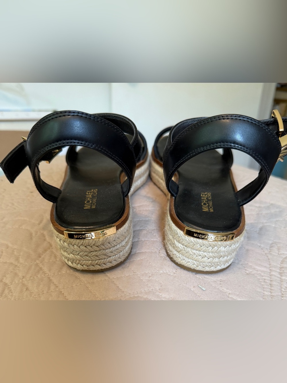 Michael Kors Black Leather Espadrille Platform Sandal with Gold Buckle - Picture 4 of 6